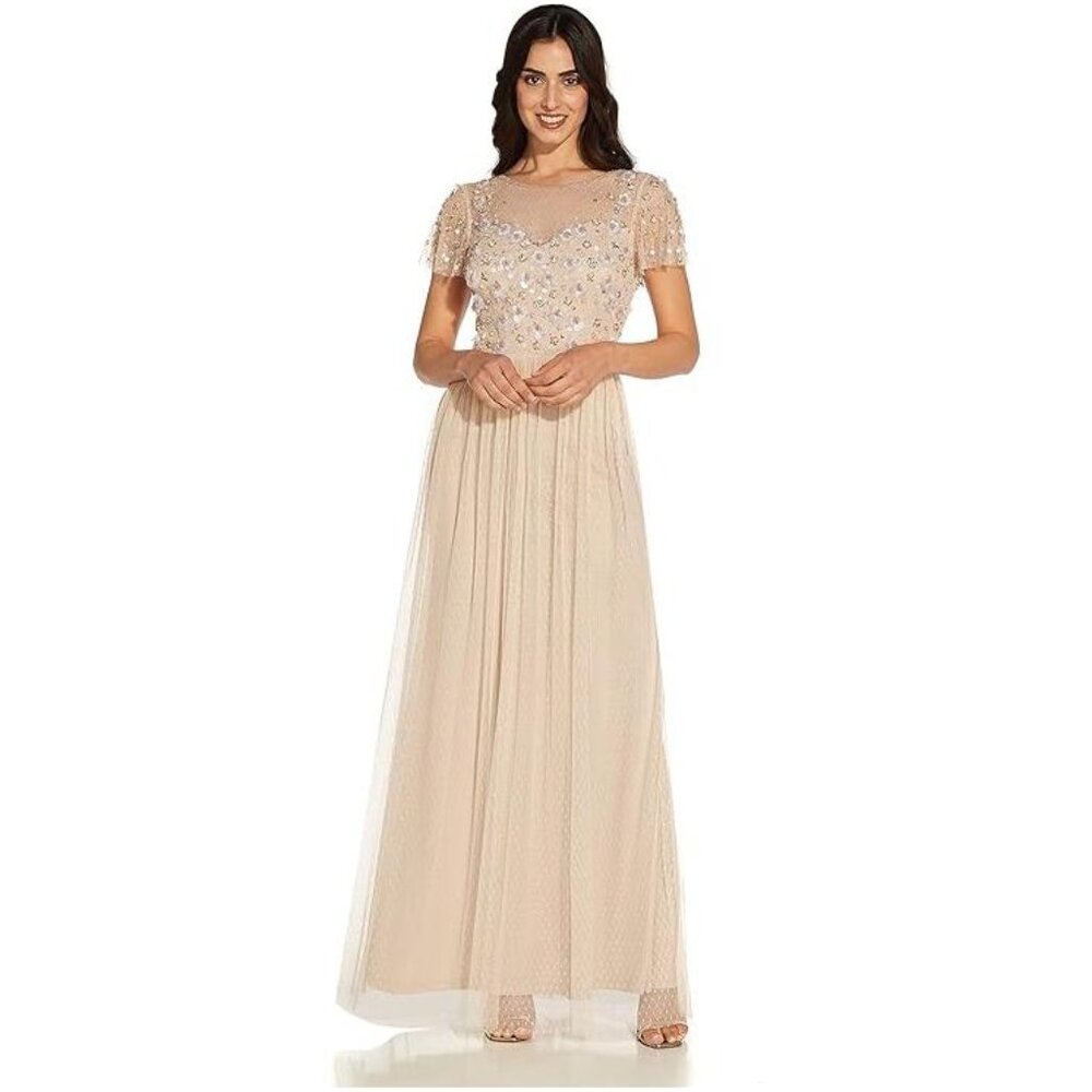 NEW Adrianna Papell Womens 3D Beaded Point D'esprit Gown sz 6 cream